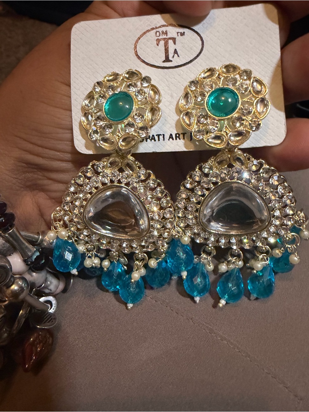 MT Gold and Teal Crystal Chandelier Earrings